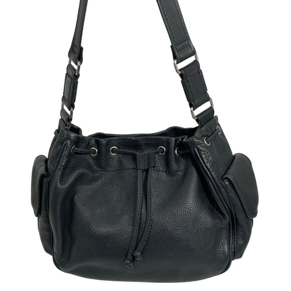 Fossil Black Leather Drawstring Bucket Shoulder Bag Side Pockets + Key Charm EUC - Picture 1 of 10